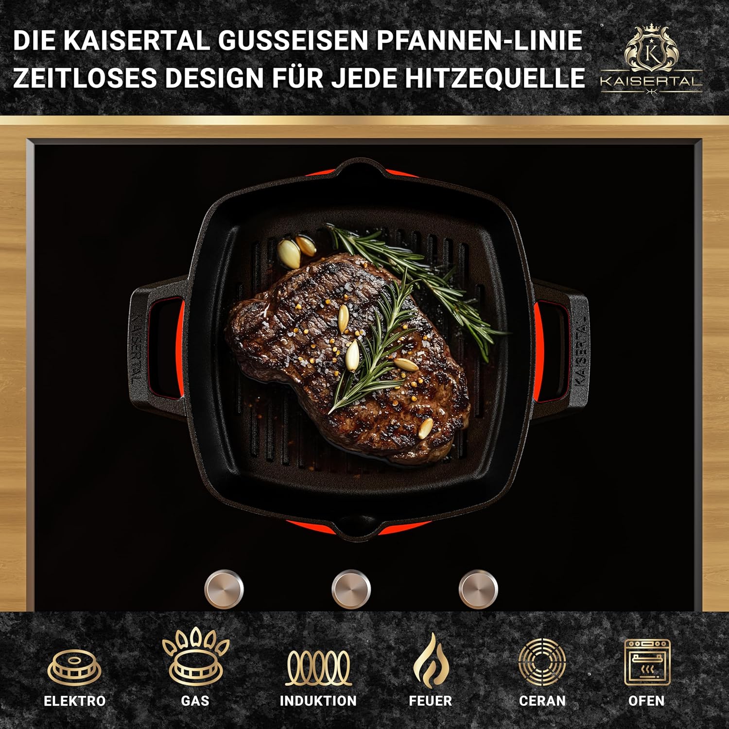 KAISERTAL Gusseisen Grillpfanne 26 cm Eingebrannt - Quadratisch mit Doppelgriff von KAISERTAL