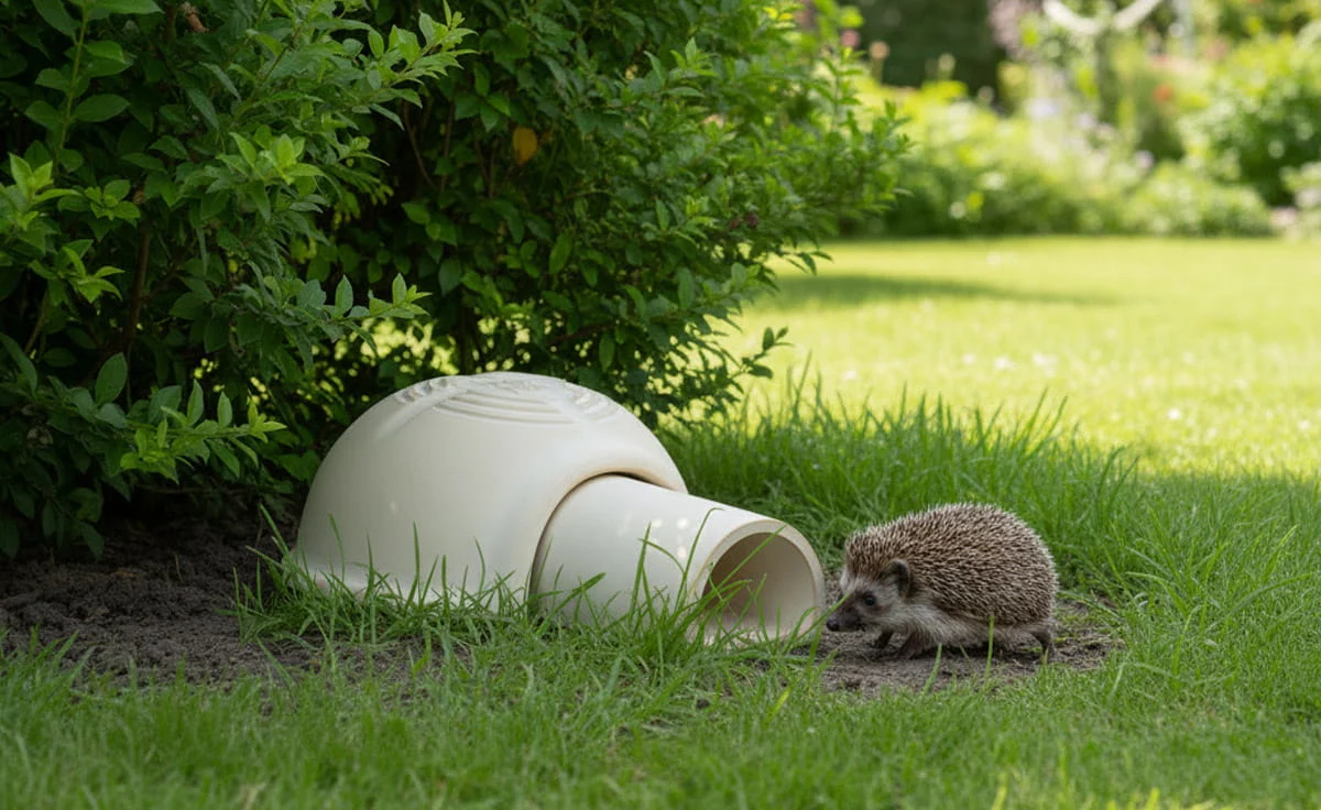 Igelhaus aus Keramik mit Eingangstunnel im Garten, ein Igel läuft daneben