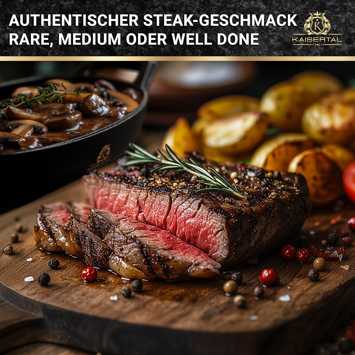 KAISERTAL Servierpfanne Gusseisen Oval 15x10 cm - Pfanne mit 2 Griffen & Holzuntersetzer von KAISERTAL