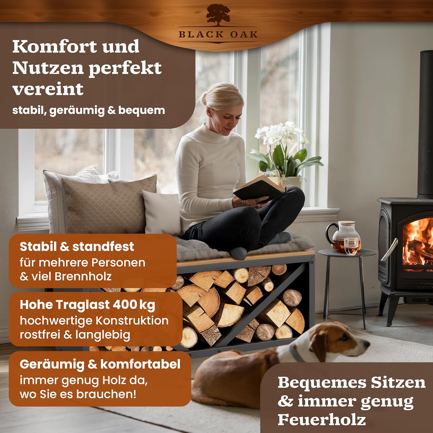 BLACK OAK Kaminholzbank Ohio schwarz matt bis 400kg - 102 × 41 × 35 cm von BLACK OAK