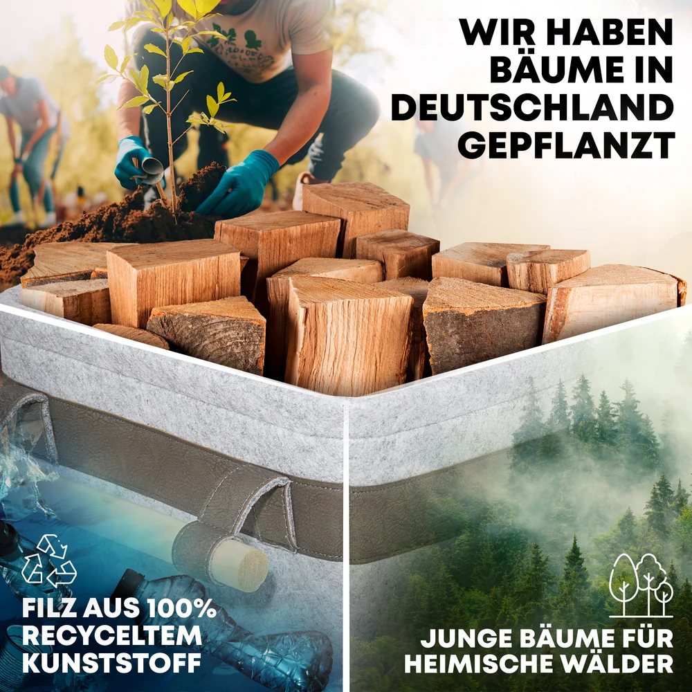 OAKAGE FireMaster Holzkorb Dunkelgrau aus recyceltem Filz mit Buchenholzgriffen - 35x42x35cm