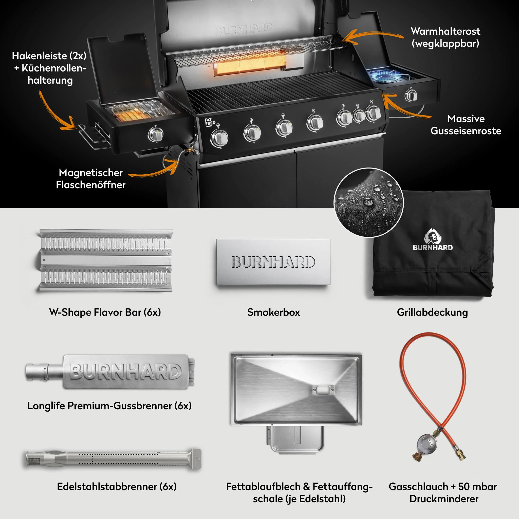 BURNHARD Fat FRED Deluxe Plus Gasgrill 6 Brenner Series 4 Black Edition mit Gusseisen Grillrost Maximale BBQ Power 30,7 kW XXL Premium Ausstattung von BURNHARD