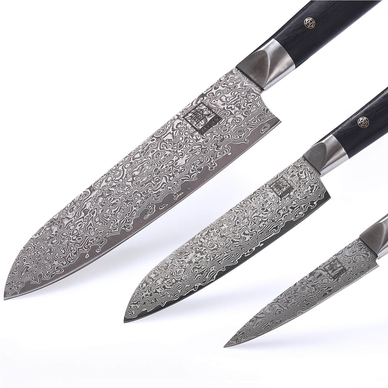 3er Messer-Set Black Edition I 9-18 cm Klingen aus 67 Lagen dunklem Damaststahl I Pakkaholzgriff