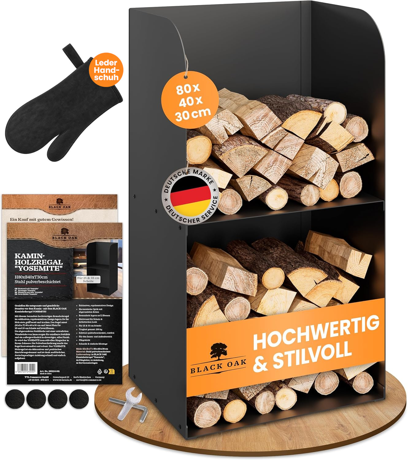 BLACK OAK Kaminholzregal Yosemite schwarz bis 200kg - 80 × 40 × 30 cm inkl. Lederhandschuh von BLACK OAK