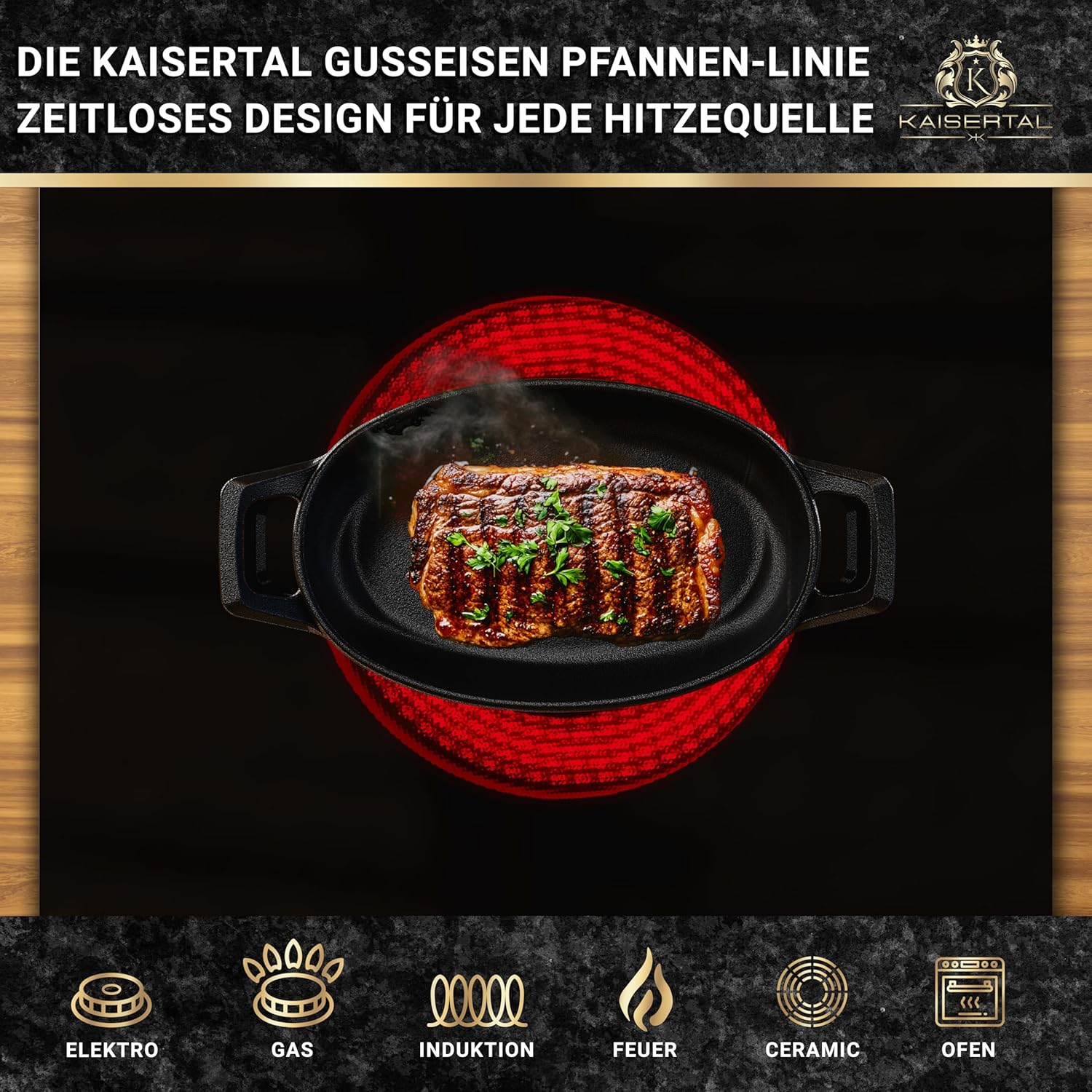 KAISERTAL 2er Set Servierpfanne Gusseisen Oval 15x10 cm - Pfanne mit 2 Griffen & Holzuntersetzer von KAISERTAL