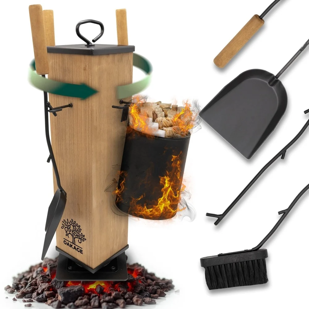 OAKAGE LuxeLeather Kaminbesteck, 5-teilig mit Zündholzkorb aus Buchenholz und Stahl