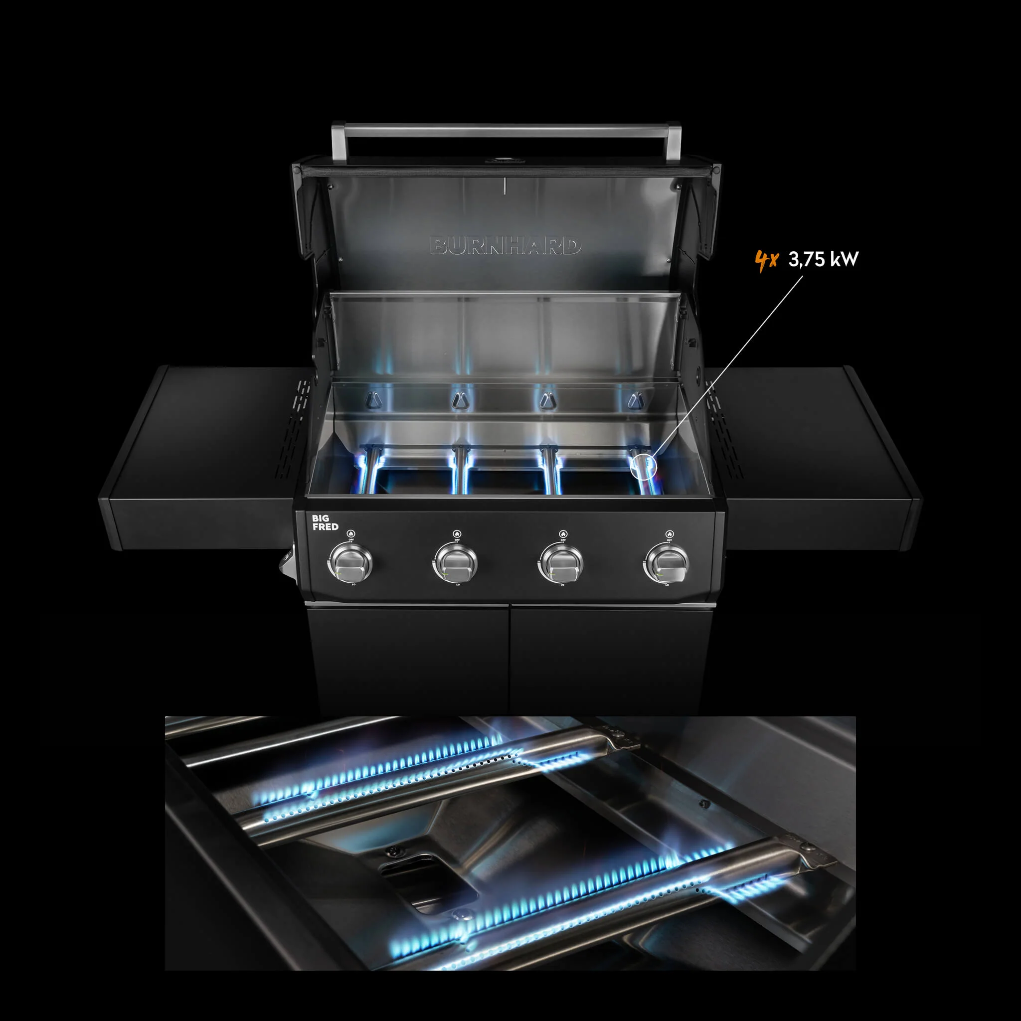 BURNHARD Big FRED Base Gasgrill 4 Brenner Series 4 Black Edition mit Gusseisen Grillrost Große Grillfläche starke Leistung 15 kW von BURNHARD