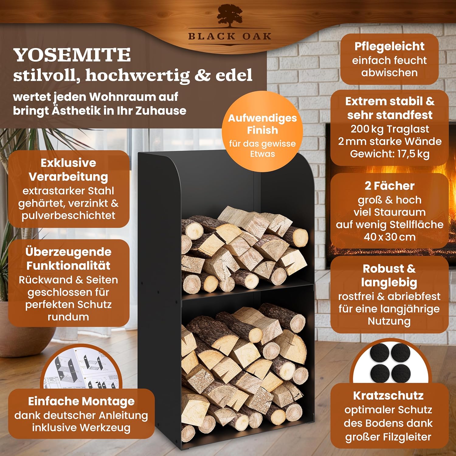 BLACK OAK Kaminholzregal Yosemite schwarz bis 200kg - 80 × 40 × 30 cm von BLACK OAK