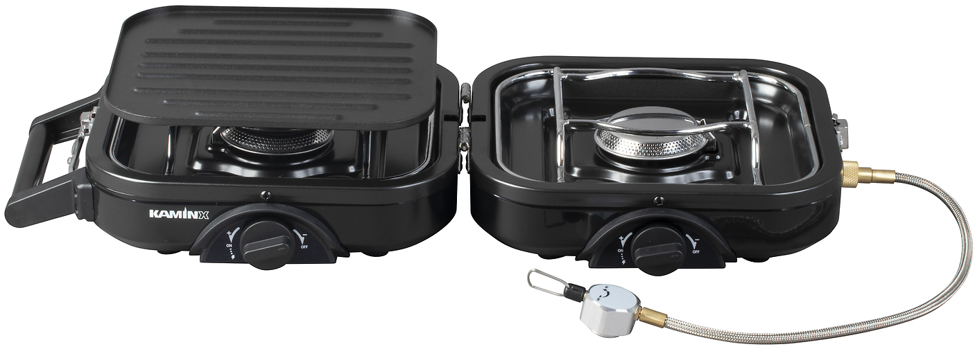 KAMINX Camping Gaskocher PB78 - Klappbar mit zwei Flammen inkl. Grillplatte von KAMINX