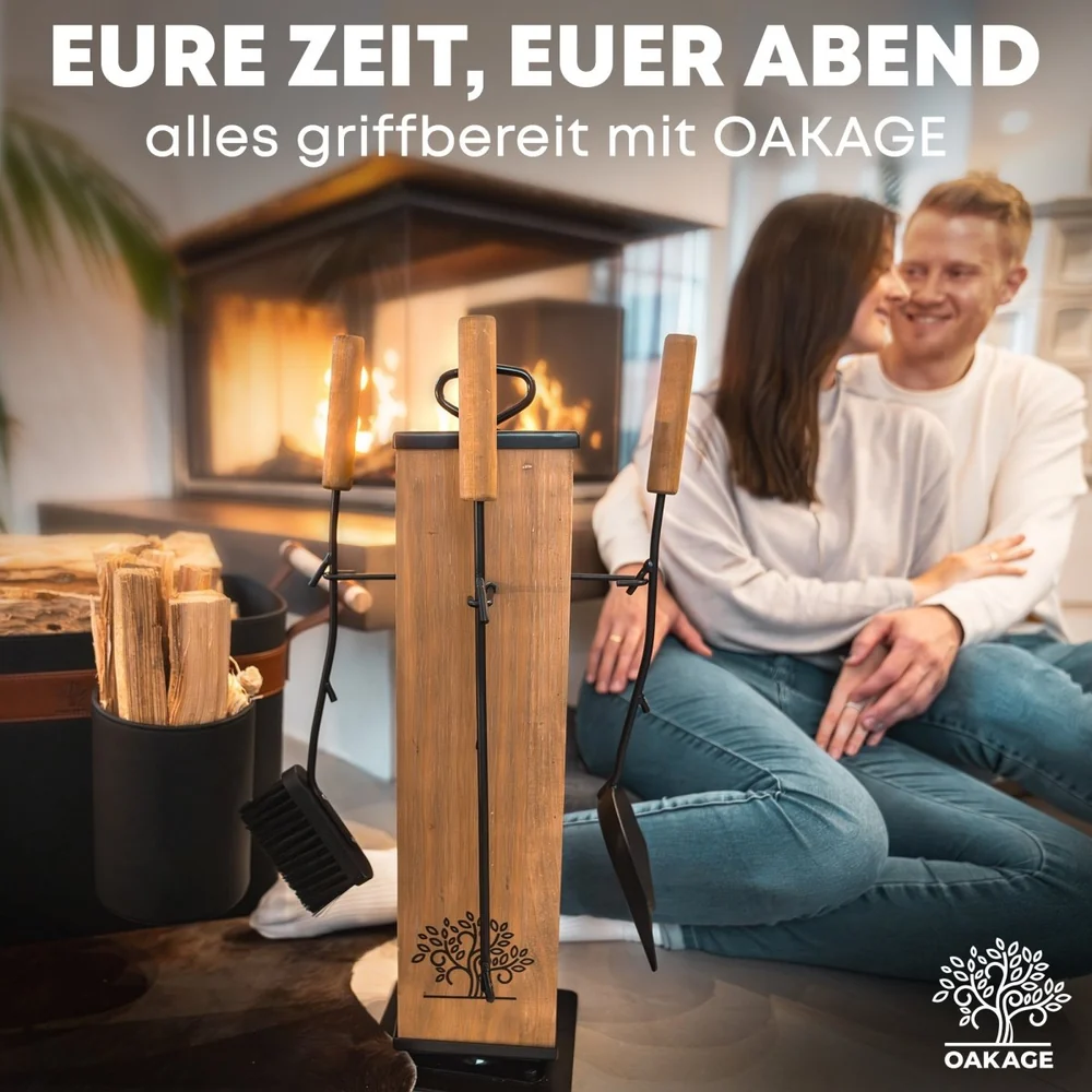 OAKAGE FireMaster Kaminbesteck  5-teilig mit Zündholzkorb Hellgrau und drehbarem Holzkern 20 x 20 x 58 cm