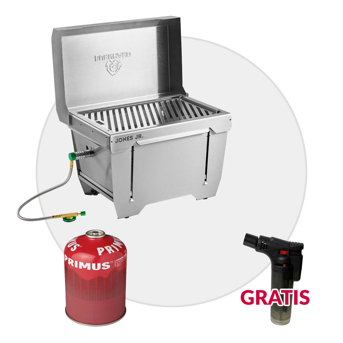 BURNHARD JONES Jr. Campinggrill 1-Brenner Mobiler Gasgrill + mit Primus Gaskartusche für flexibles Grillen unterwegs von BURNHARD