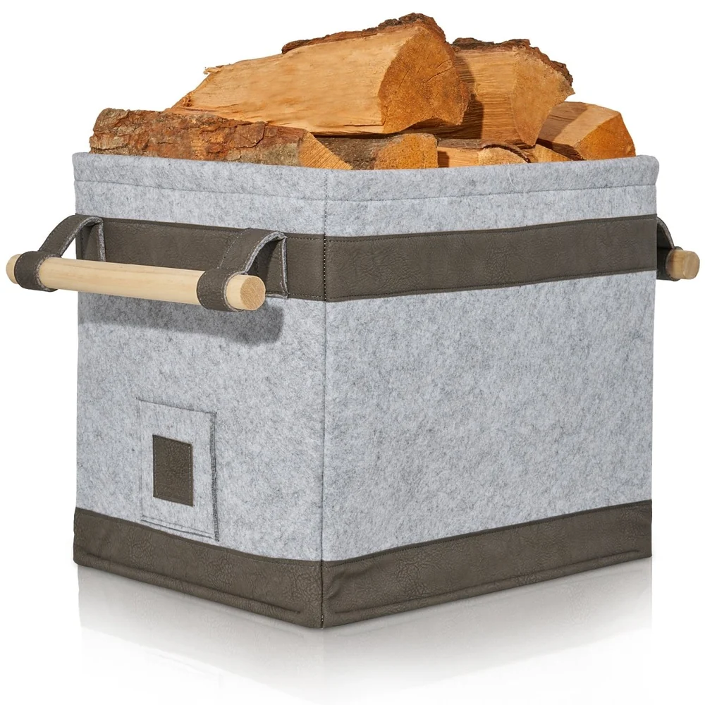 OAKAGE FireMaster Holzkorb Dunkelgrau aus recyceltem Filz mit Buchenholzgriffen - 35x42x35cm von OAKAGE