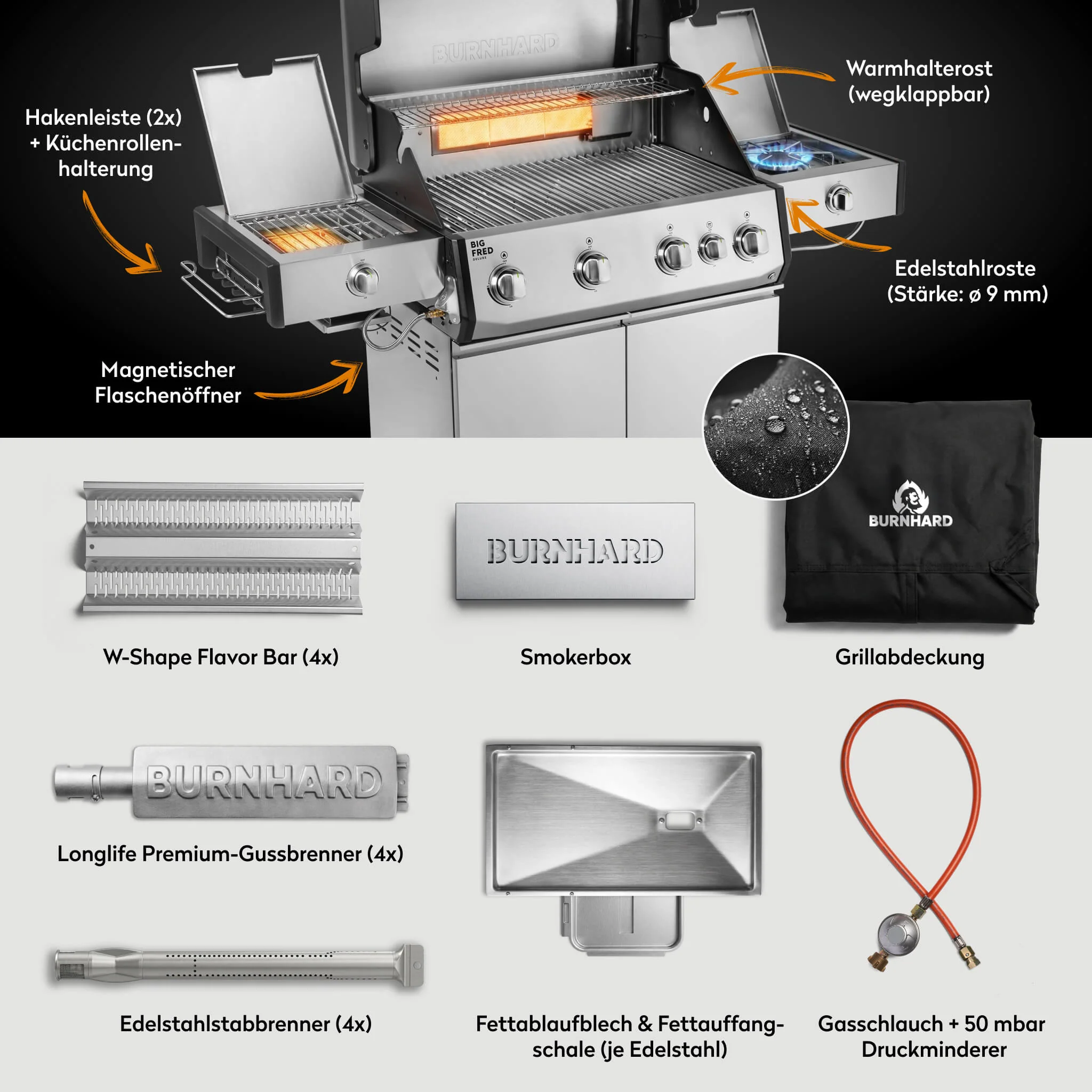BURNHARD Big FRED Deluxe Plus Gasgrill 4 Brenner Series 4 Edelstahl Grill mit Edelstahl Grillrost Maximale BBQ Power 24,7 kW Premium Ausstattung von BURNHARD