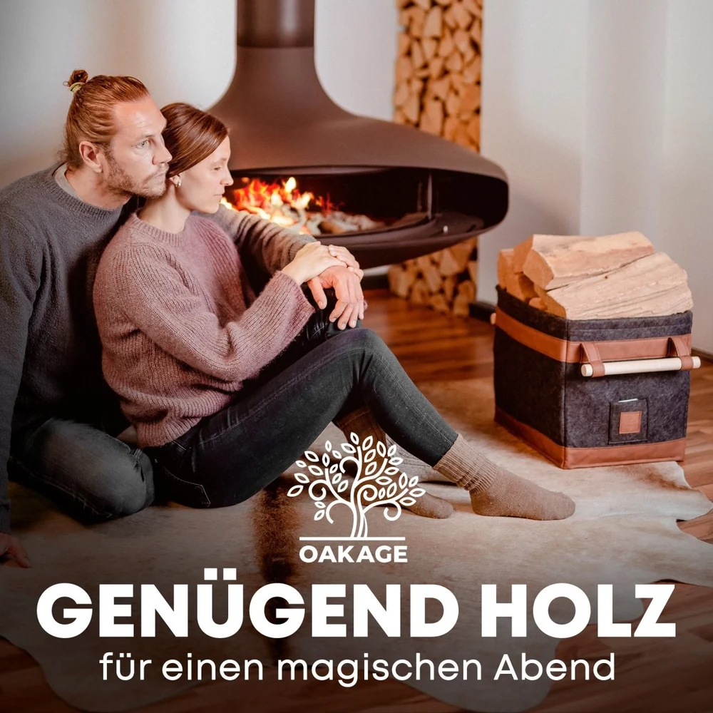 OAKAGE FireMaster Holzkorb Dunkelgrau aus recyceltem Filz mit Buchenholzgriffen - 35x42x35cm