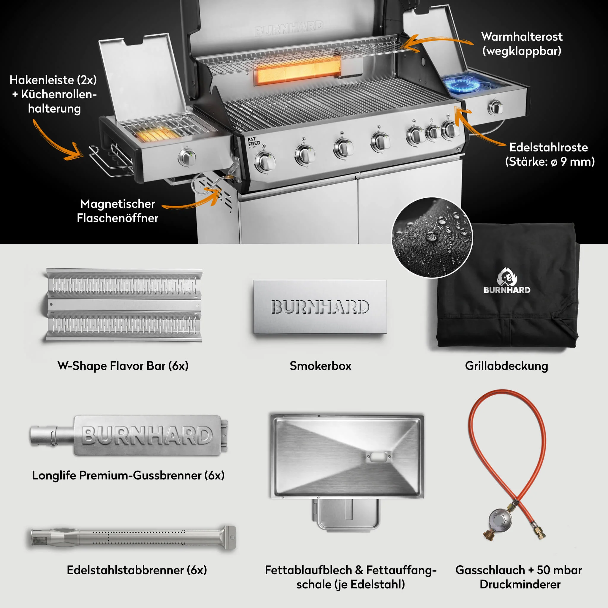 BURNHARD Fat FRED Deluxe Plus Gasgrill 6 Brenner Series 4 Edelstahl Grill mit Edelstahl Grillrost Maximale BBQ Power 30,7 kW XXL Premium Ausstattung von BURNHARD
