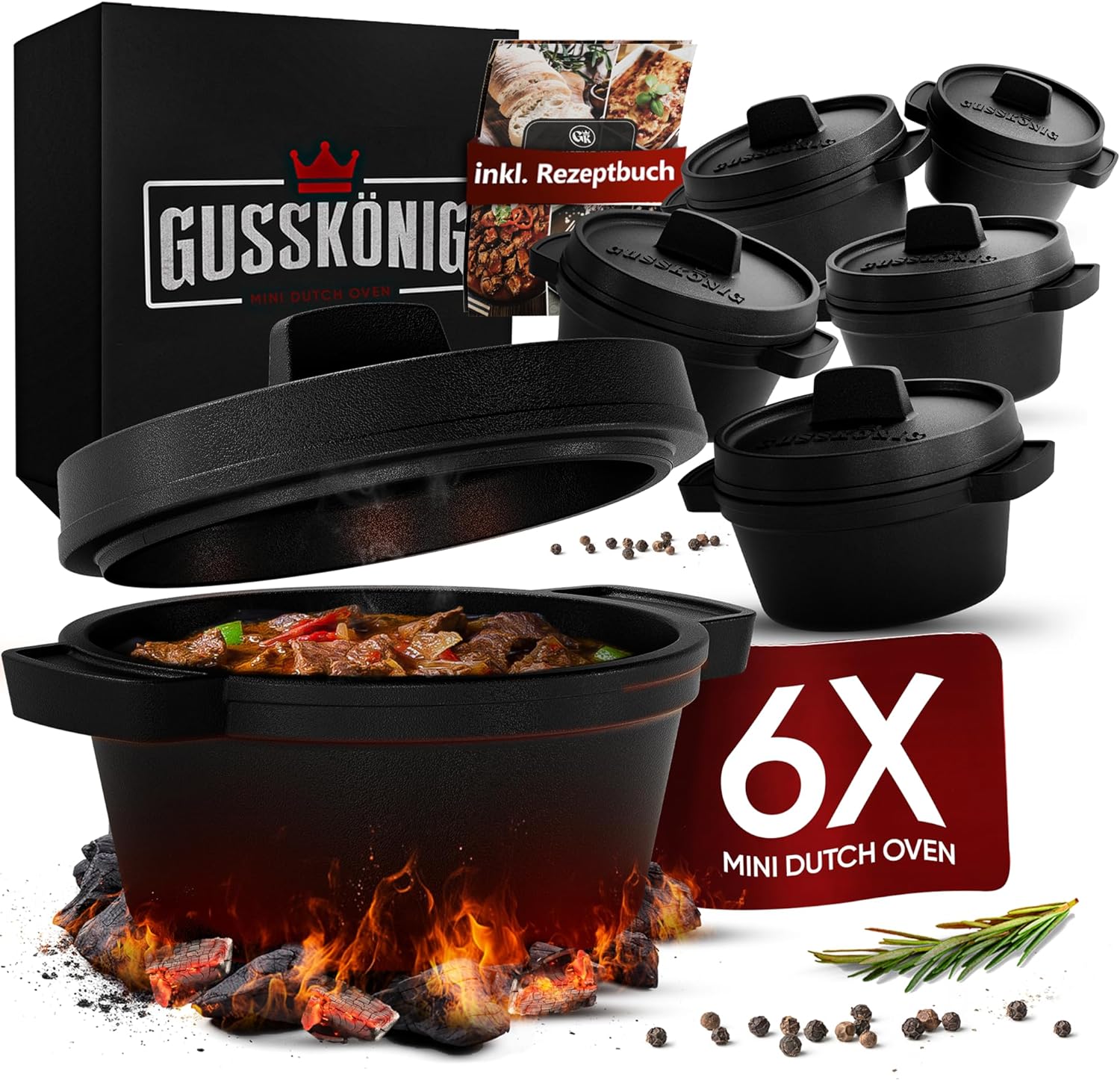 GUSSKÖNIG Dutch Oven Set Mini - 6x 250ml Gusseisen Mini Topf mit Deckel  von GUSSKÖNIG