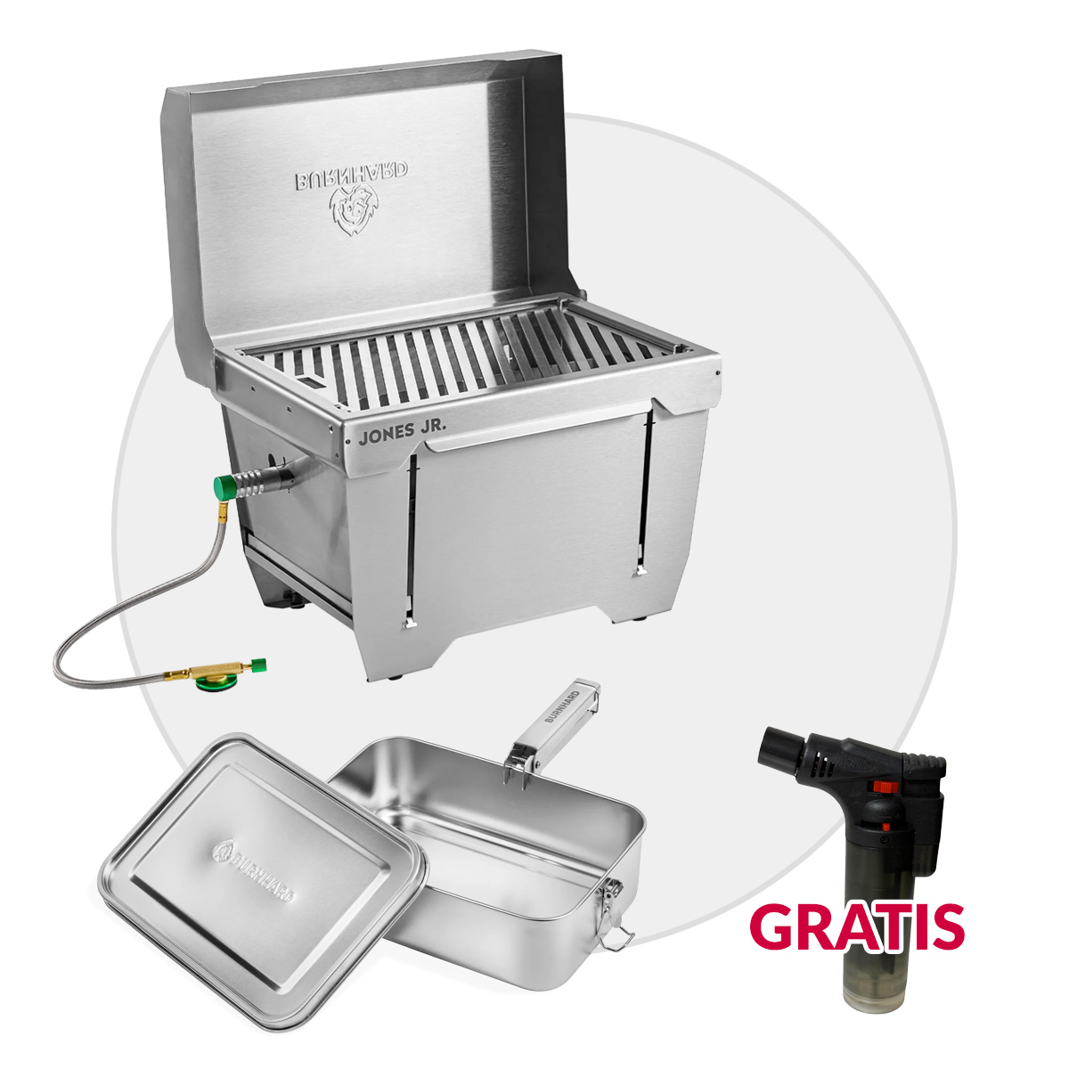 BURNHARD JONES Jr. Campinggrill 1-Brenner Mobiler Gasgrill + BURNHARD Kochgeschirr Set mit 1x 2,4 Liter von BURNHARD