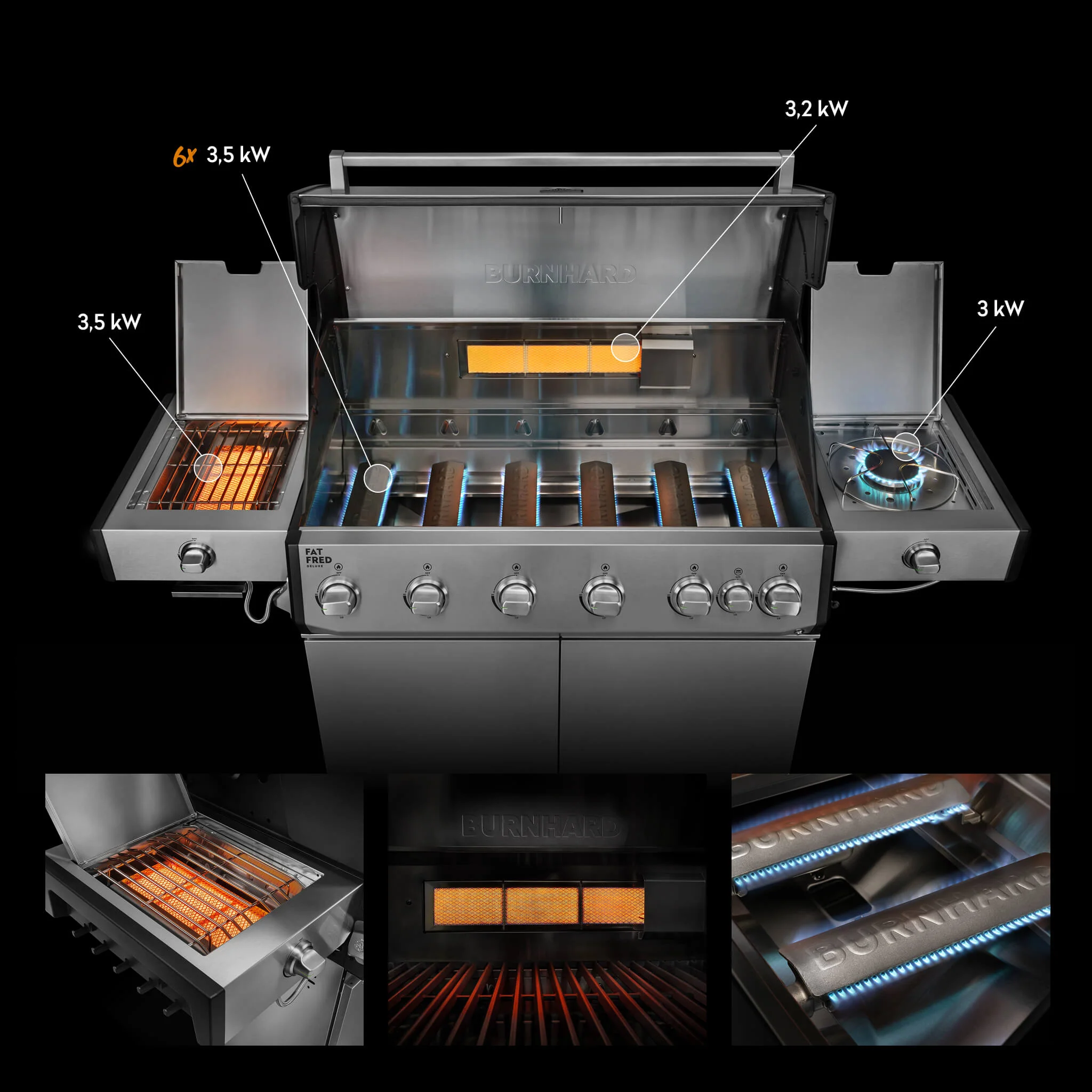 BURNHARD Fat FRED Deluxe Plus Gasgrill 6 Brenner Series 4 Edelstahl Grill mit Gusseisen Grillrost Maximale BBQ Power 30,7 kW XXL Premium Ausstattung von BURNHARD
