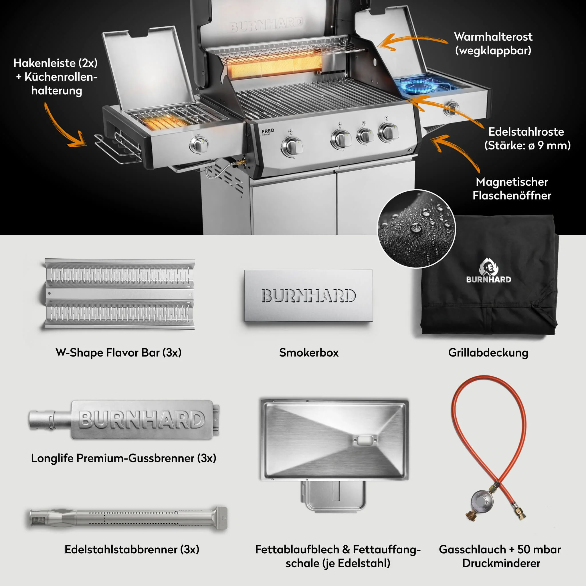 BURNHARD FRED Deluxe Plus Gasgrill 3 Brenner Series 4 Edelstahl Grill mit Edelstahl Grillrosten Maximale BBQ Power 20,95 kW Premium Ausstattung von BURNHARD