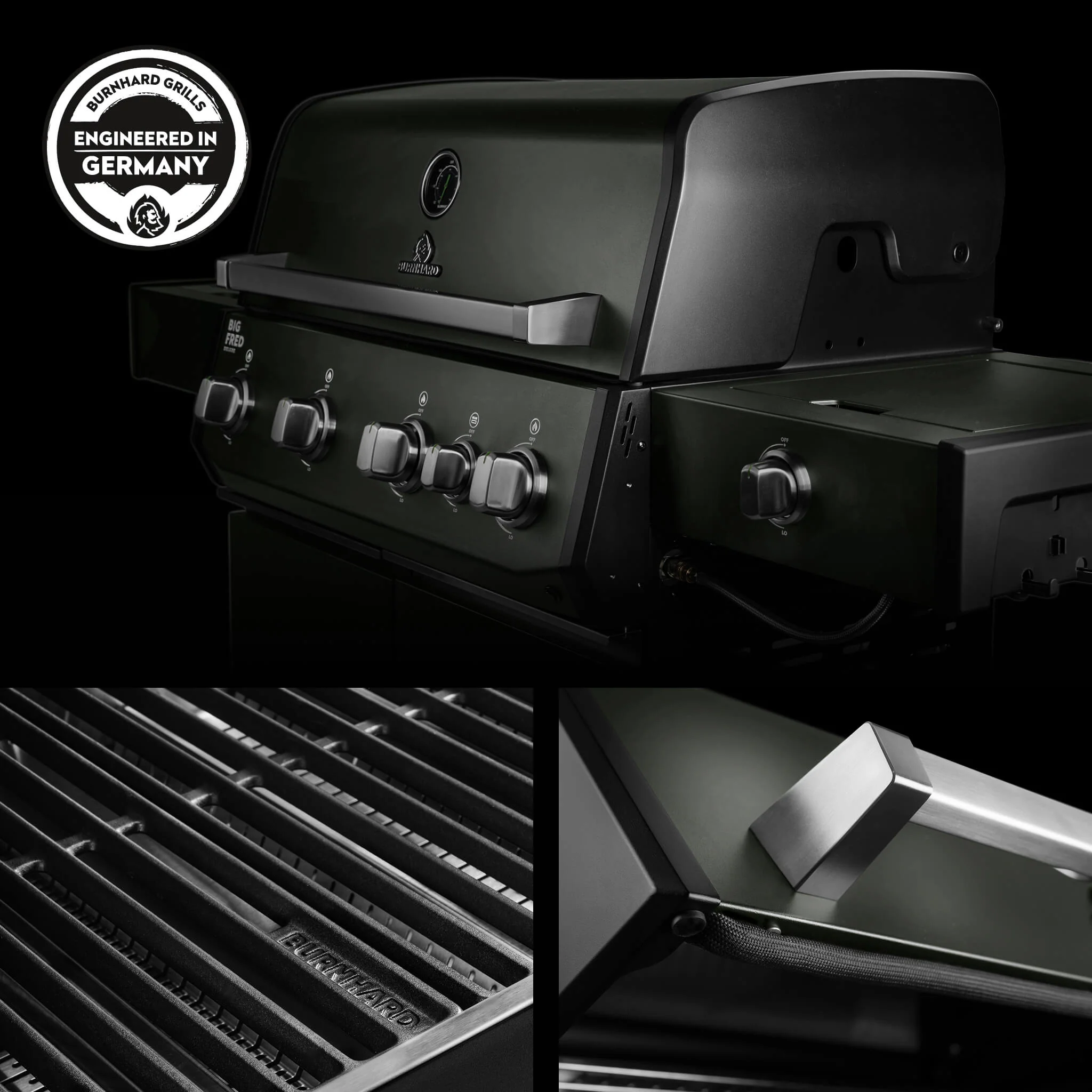 BURNHARD Big FRED Deluxe Gasgrill 4 Brenner Series 4 Green Edition mit Gusseisen Grillrost Maximale BBQ Power 21,2 kW Premium Ausstattung von BURNHARD