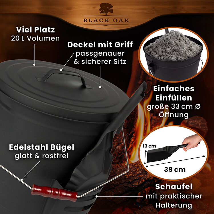 BLACK OAK Stromboli Ascheeimer 20 Liter mit Deckel und Schaufel von BLACK OAK