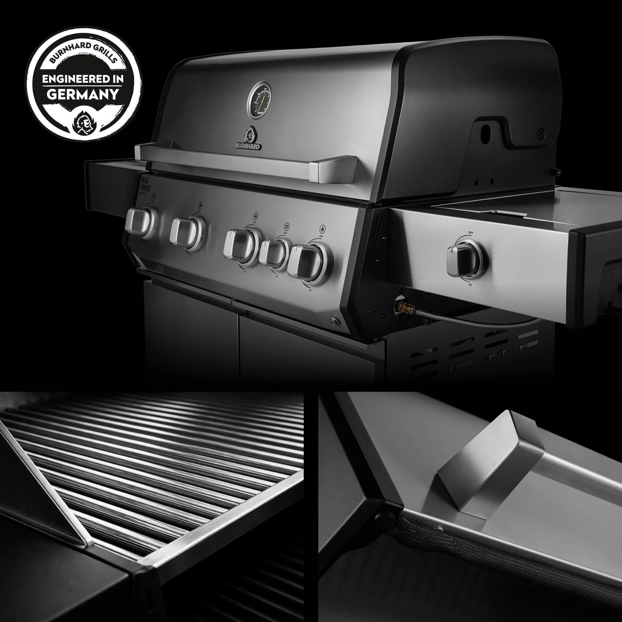 BURNHARD Big FRED Deluxe Plus Gasgrill 4 Brenner Series 4 Edelstahl Grill mit Edelstahl Grillrost Maximale BBQ Power 24,7 kW Premium Ausstattung von BURNHARD