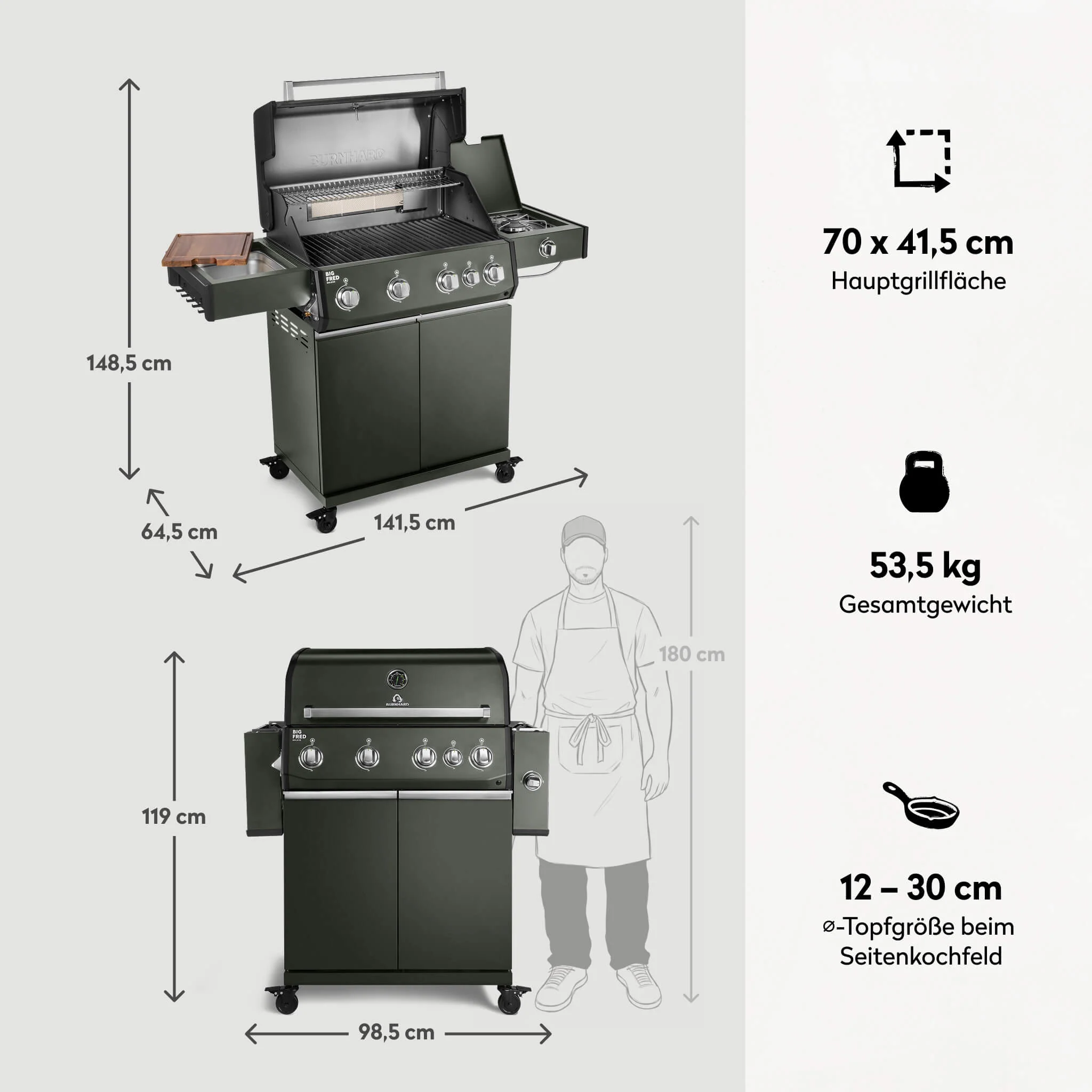 BURNHARD Big FRED Deluxe Gasgrill 4 Brenner Series 4 Green Edition mit Gusseisen Grillrost Maximale BBQ Power 21,2 kW Premium Ausstattung von BURNHARD
