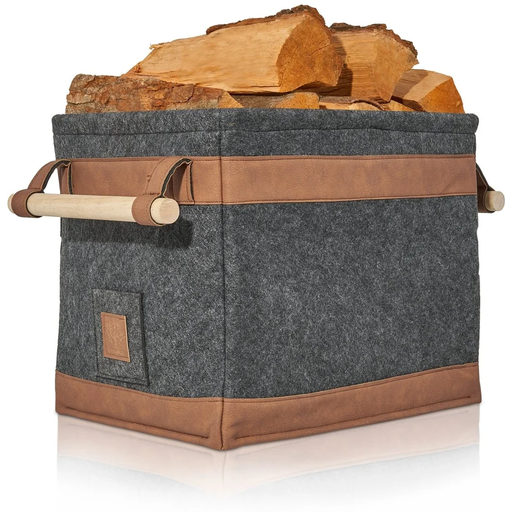 OAKAGE FireMaster Holzkorb Dunkelgrau aus recyceltem Filz mit Buchenholzgriffen - 35x42x35cm