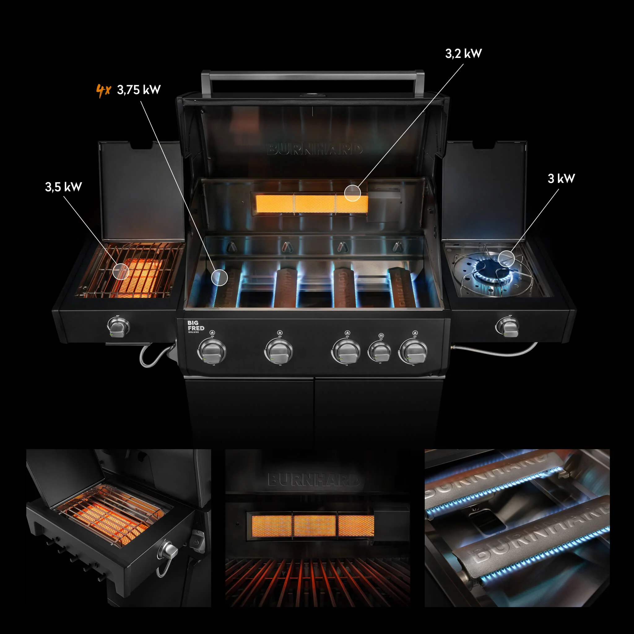 BURNHARD Big FRED Deluxe Plus Gasgrill 4 Brenner Series 4 Black Edition mit Gusseisen Grillrost Maximale BBQ Power 24,7 kW Premium Ausstattung von BURNHARD