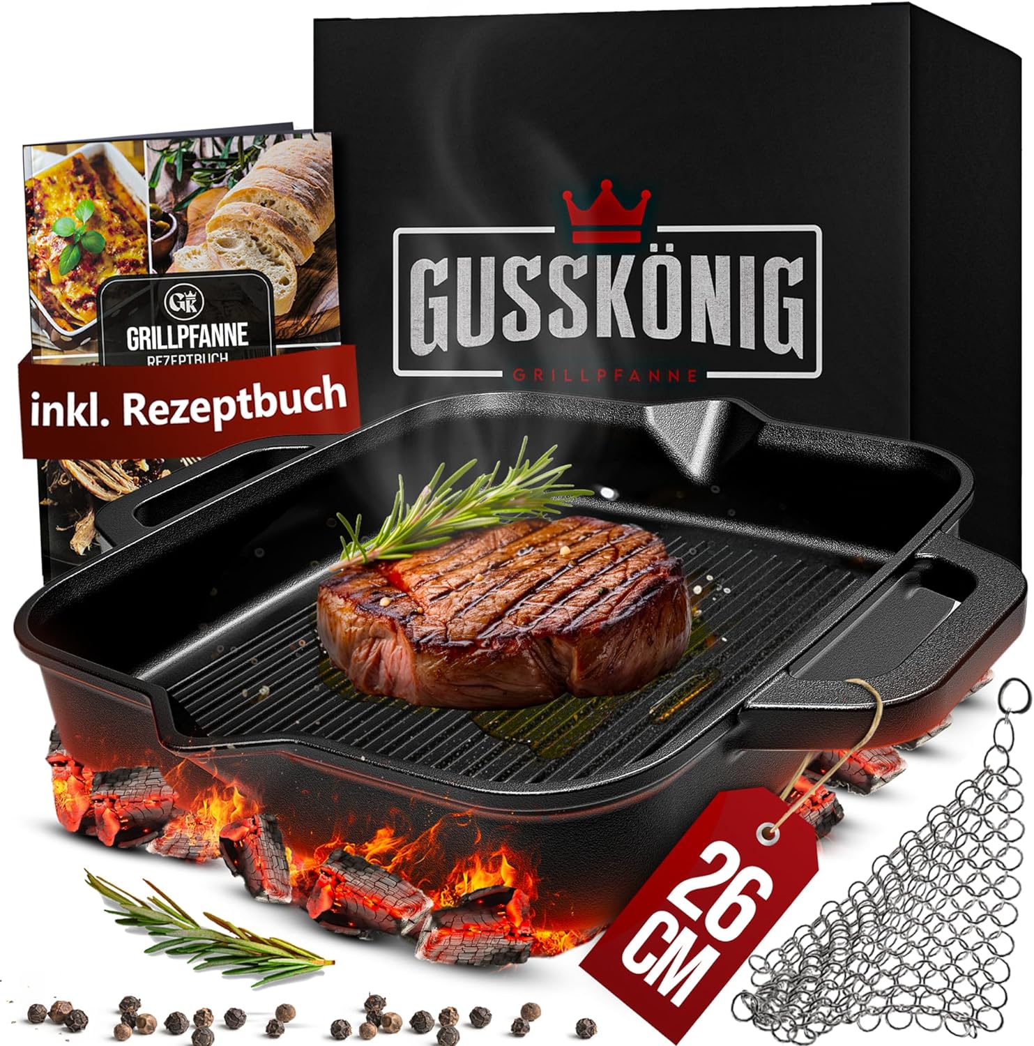 GUSSKÖNIG 26cm quadratische Gusseisenpfanne Pfanne Gusseisen - Grillpfanne Induktion von GUSSKÖNIG