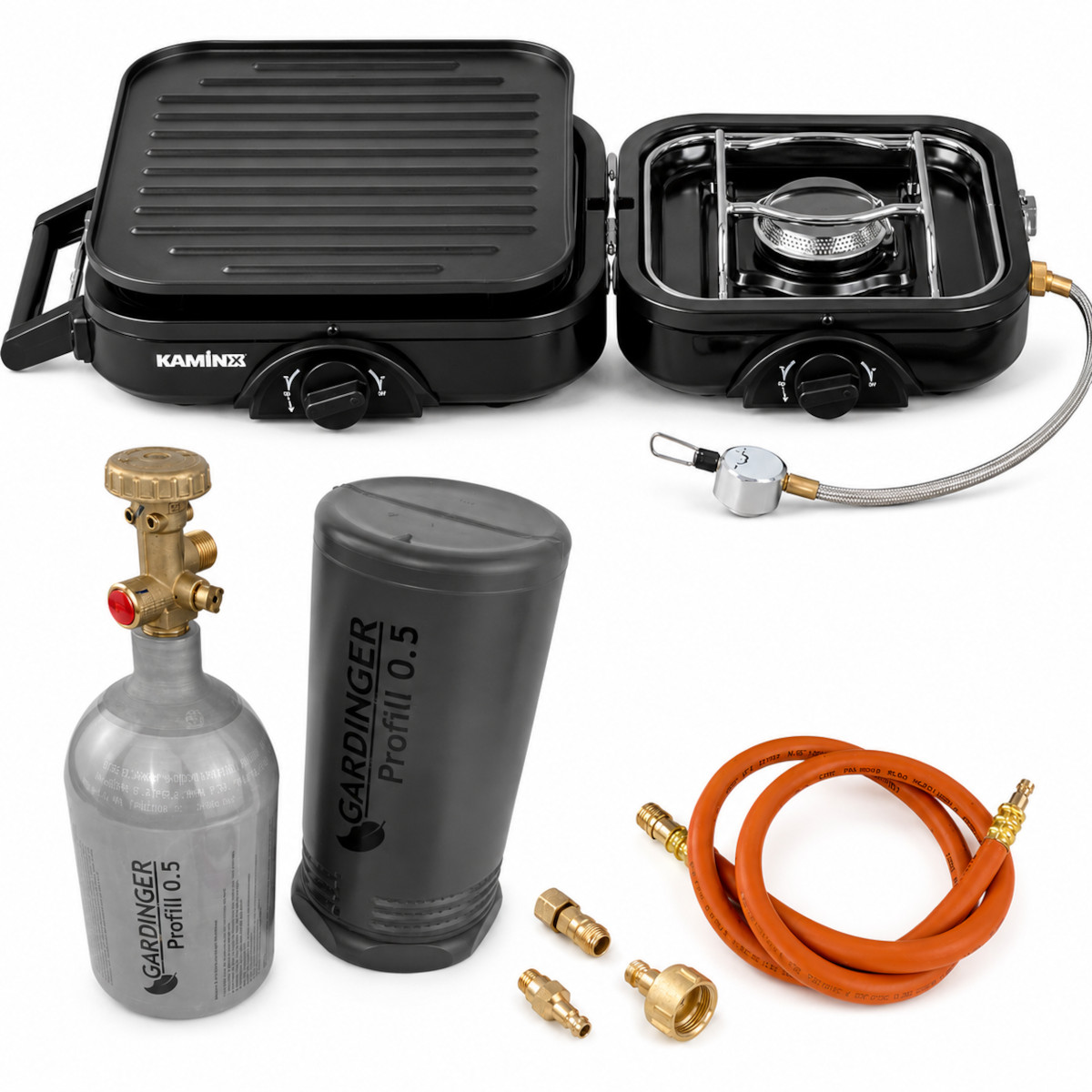 KAMINX Camping Gaskocher PB78 mit Grillplatte und Profill 0,5 l Propanflasche Komplettset