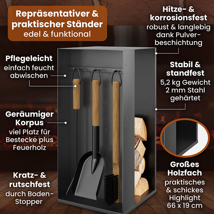 BLACK OAK Kaminbesteck Aspen 4-teilig schwarz mit Holzgriffen inkl. Lederhandschuh von BLACK OAK