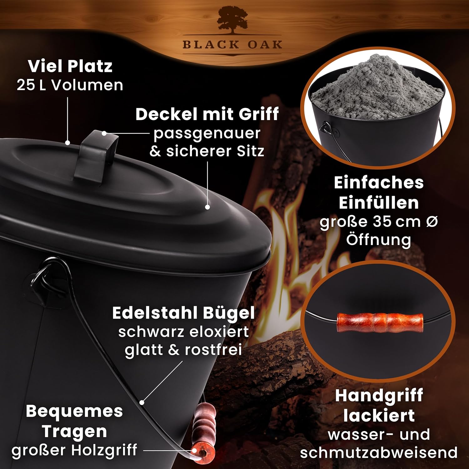 BLACK OAK Asche & Kohle Eimer SANTORINI 25 Liter mit Schaufel & Handfeger von BLACK OAK