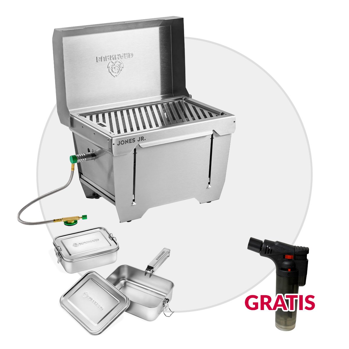 BURNHARD JONES Jr. Campinggrill 1-Brenner Mobiler Gasgrill + BURNHARD Kochgeschirr Set mit 2x 1,2 Liter von BURNHARD
