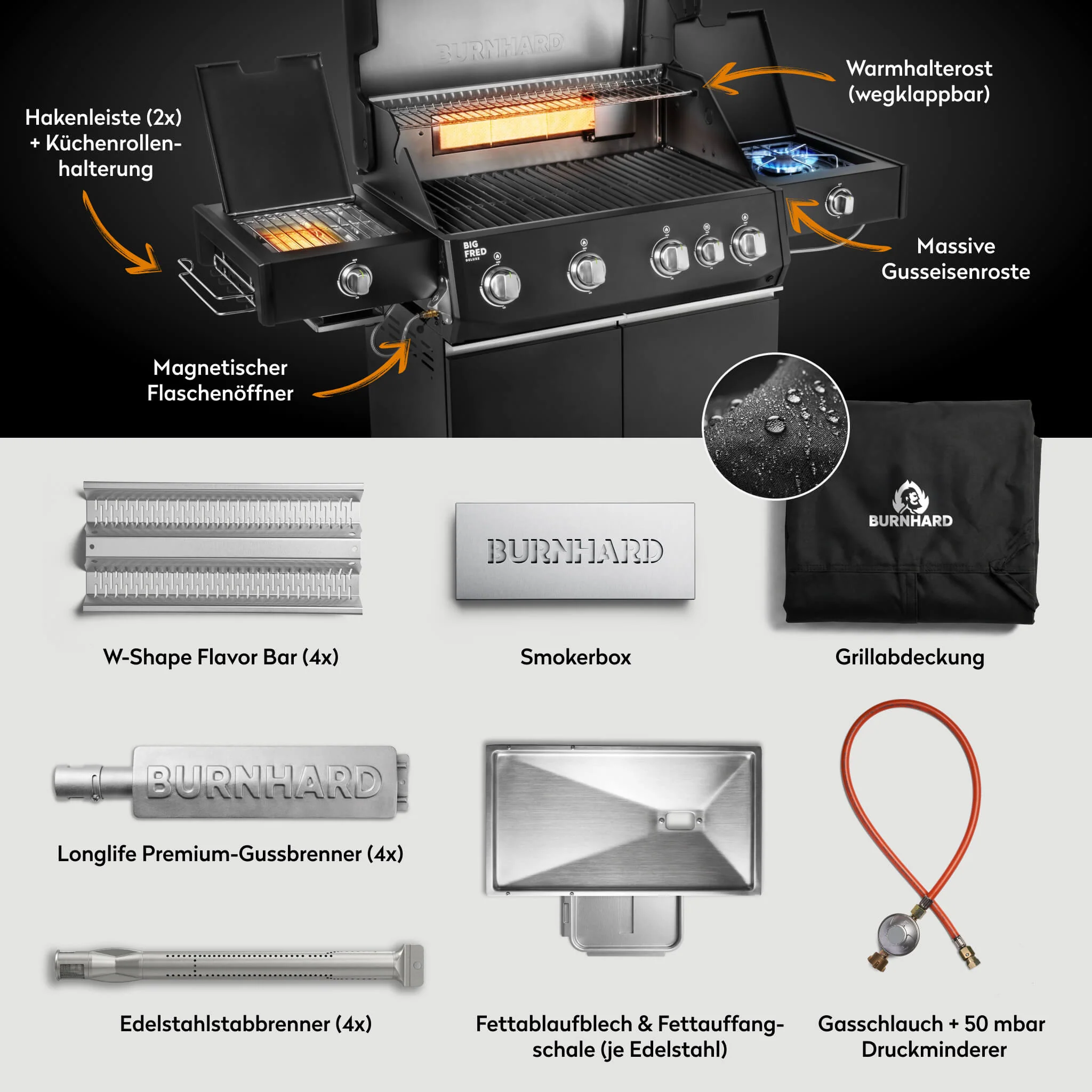 BURNHARD Big FRED Deluxe Plus Gasgrill 4 Brenner Series 4 Black Edition mit Gusseisen Grillrost Maximale BBQ Power 24,7 kW Premium Ausstattung von BURNHARD