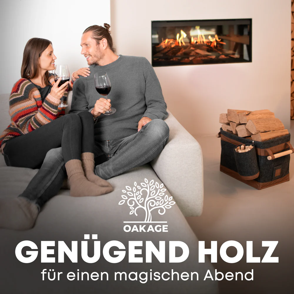 OAKAGE FireMaster Duo Holzkorb Dunkelgrau Filz / Veganes Leder - Einhängbarer Zündholzkorb - 42x32x35cm von OAKAGE