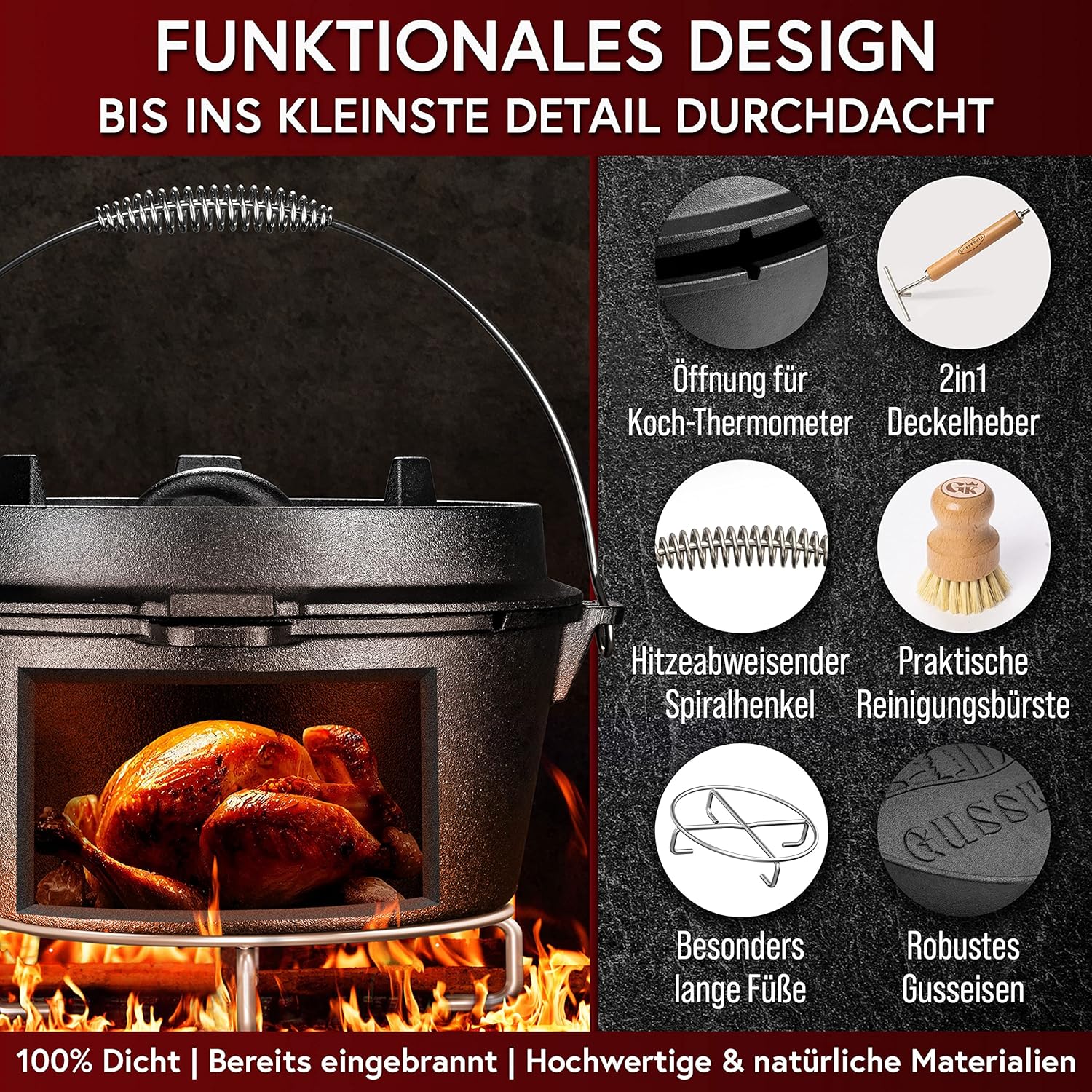 GUSSKÖNIG 12 Liter Dutch Oven Set ohne Füße mit 2in1 Deckelheber von GUSSKÖNIG