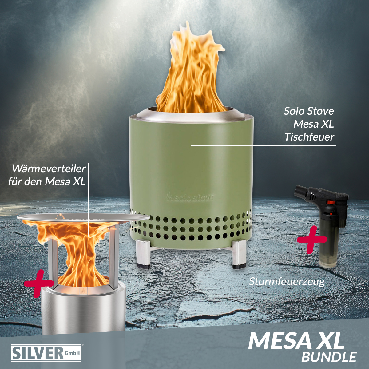 Solo Stove Mesa XL Tischfeuer Ø 17,8cm Tischkamin Outdoor Deep Olive & Mesa XL Wärmeverteiler von Solo Stove