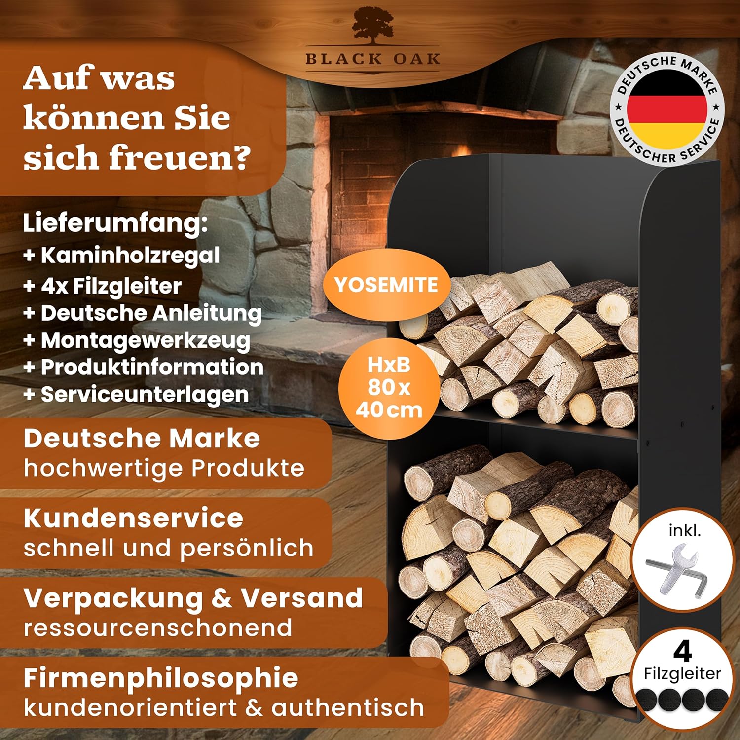 BLACK OAK Kaminholzregal Yosemite schwarz bis 200kg - 80 × 40 × 30 cm von BLACK OAK