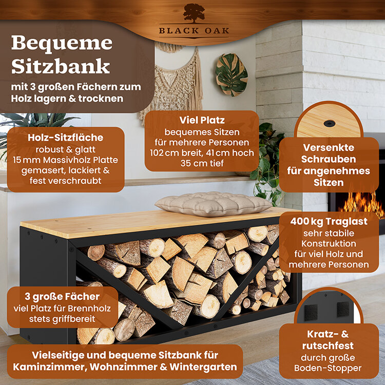 BLACK OAK Kaminholzbank Ohio schwarz matt bis 400kg - 102 × 41 × 35 cm inkl. Lederhandschuh