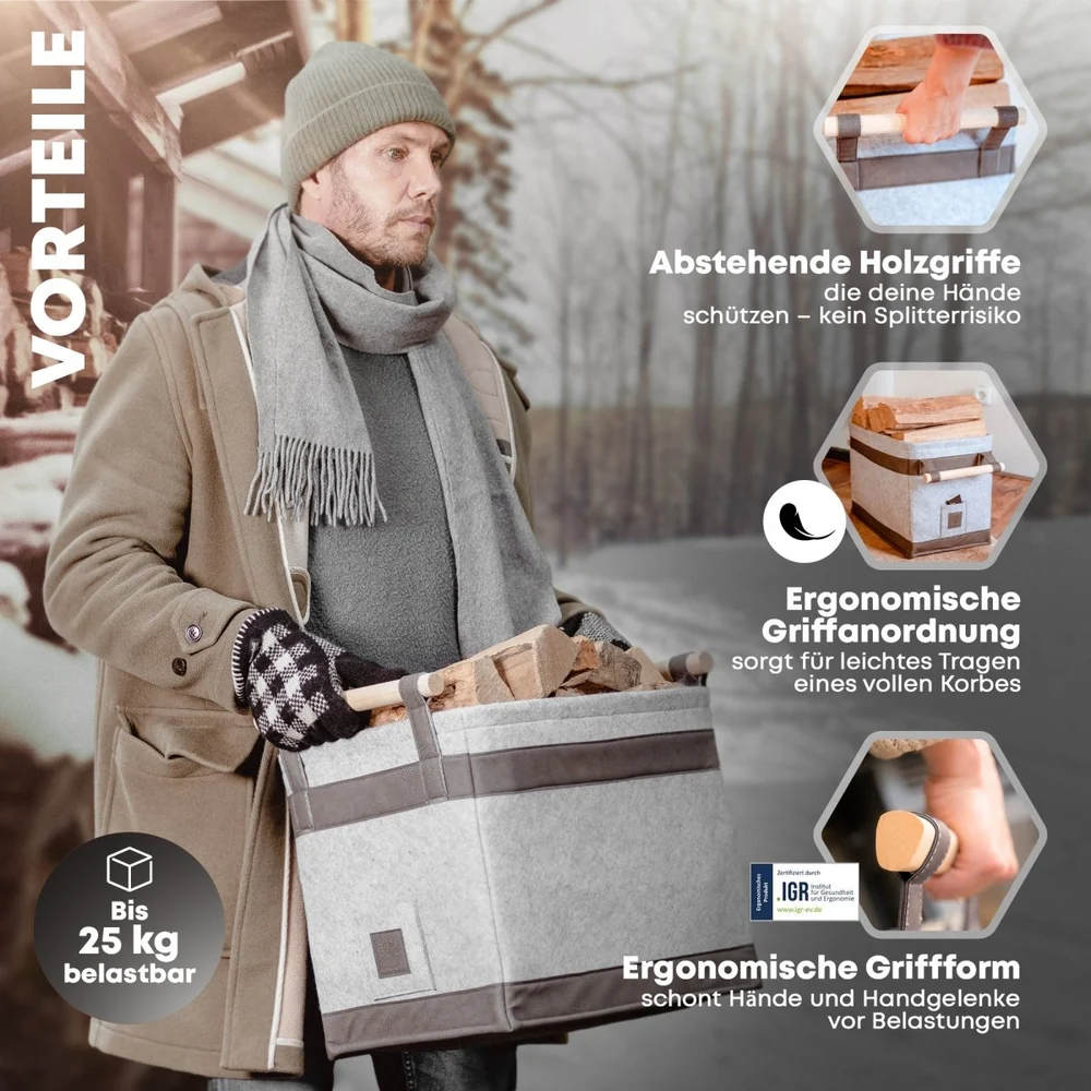 OAKAGE FireMaster Holzkorb Dunkelgrau aus recyceltem Filz mit Buchenholzgriffen - 35x42x35cm
