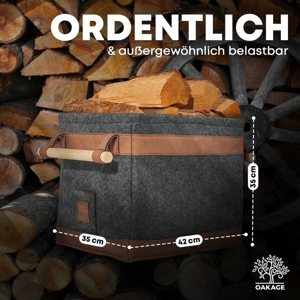 OAKAGE FireMaster Holzkorb Dunkelgrau aus recyceltem Filz mit Buchenholzgriffen - 35x42x35cm