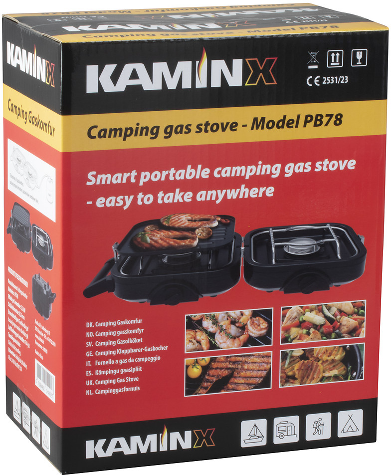 KAMINX Camping Gaskocher PB78 - Klappbar mit zwei Flammen inkl. Grillplatte von KAMINX