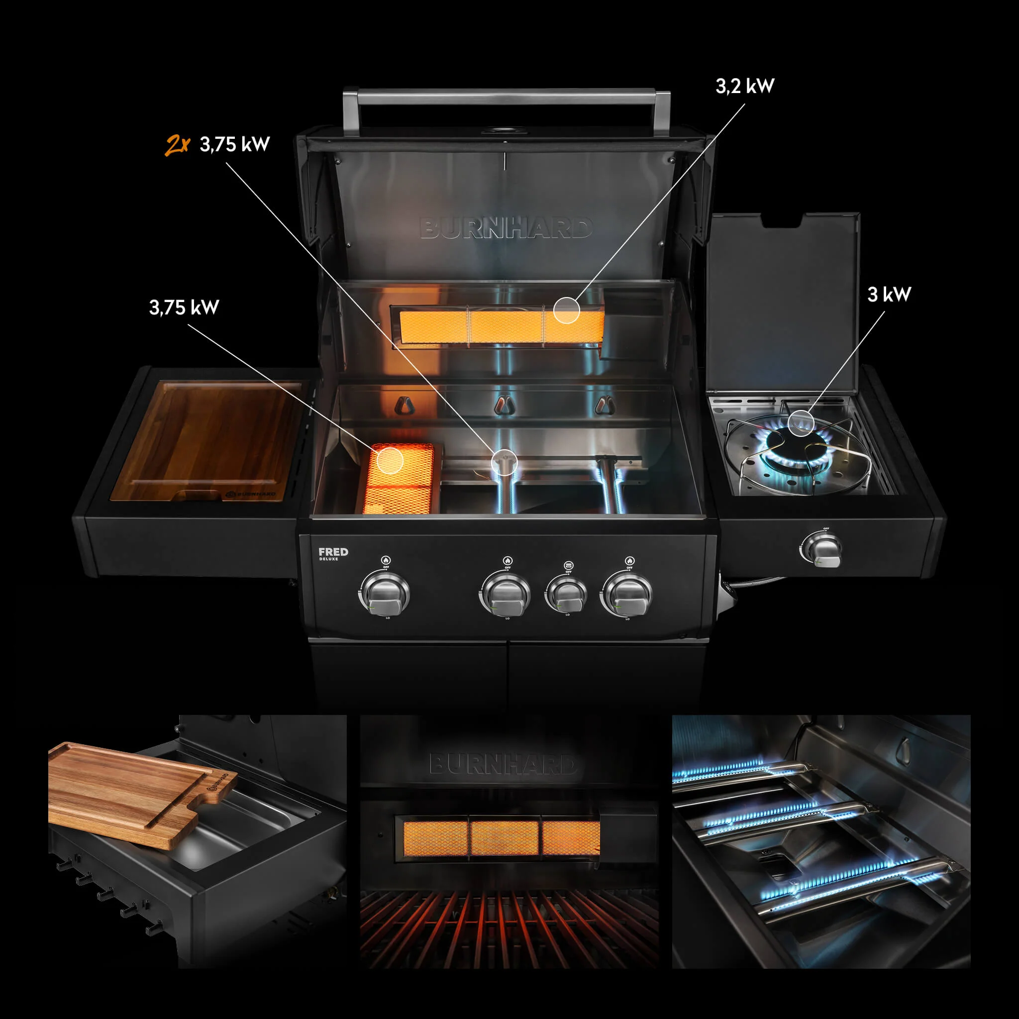 BURNHARD FRED Deluxe Gasgrill 3 Brenner Series 4 Black Edition mit Gusseisenrost Maximale BBQ Power vielseitig modern von BURNHARD