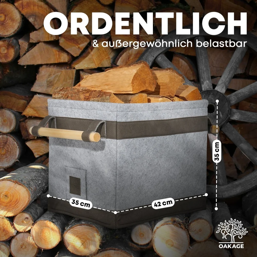 OAKAGE FireMaster Holzkorb Dunkelgrau aus recyceltem Filz mit Buchenholzgriffen - 35x42x35cm