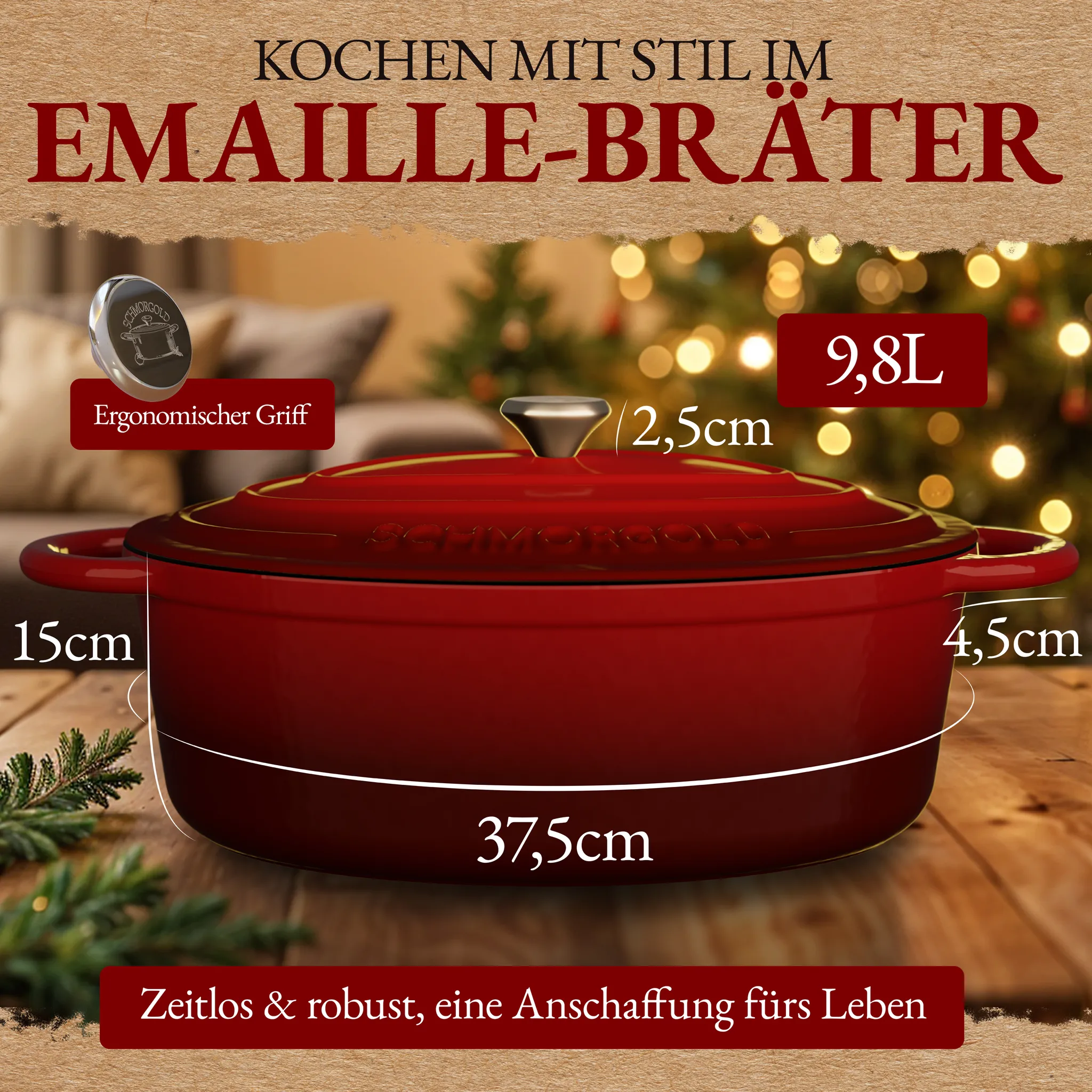 SCHMORGOLD Bräter XXL mit Deckel aus emailliertem Gusseisen oval - 37,5 cm - 9,8 Liter von SCHMORGOLD