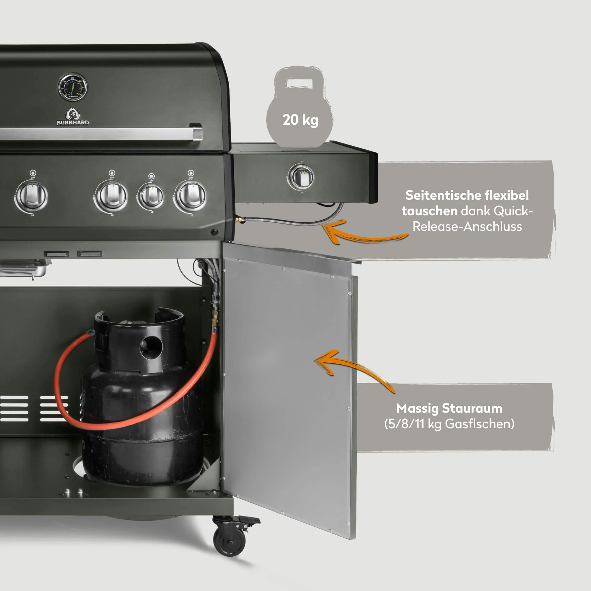 BURNHARD Big FRED Deluxe Gasgrill 4 Brenner Series 4 Green Edition mit Gusseisen Grillrost Maximale BBQ Power 21,2 kW Premium Ausstattung von BURNHARD