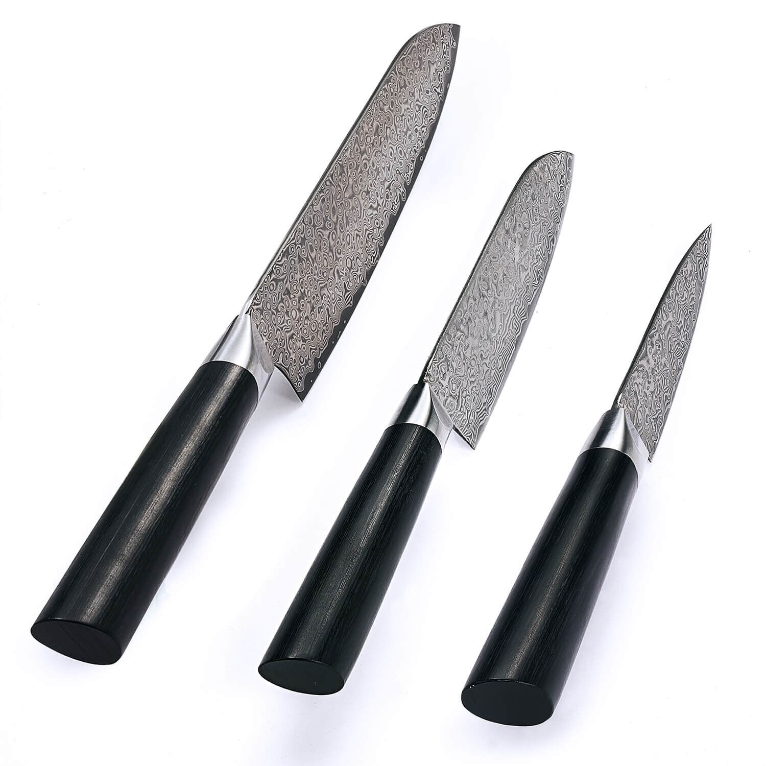 3er Messer-Set Black Edition I 9-18 cm Klingen aus 67 Lagen dunklem Damaststahl I Pakkaholzgriff