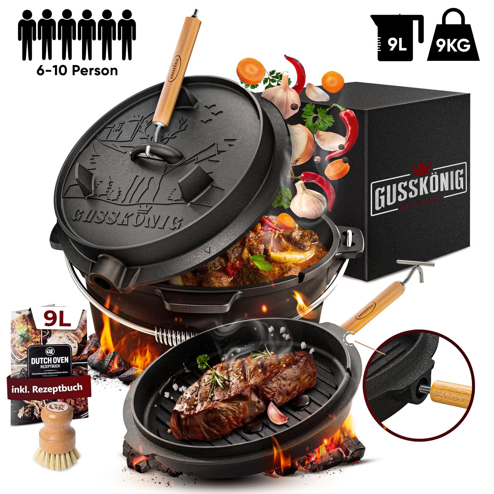 GUSSKÖNIG 9 Liter Dutch Oven Set mit Füßen mit 2in1 Deckelheber