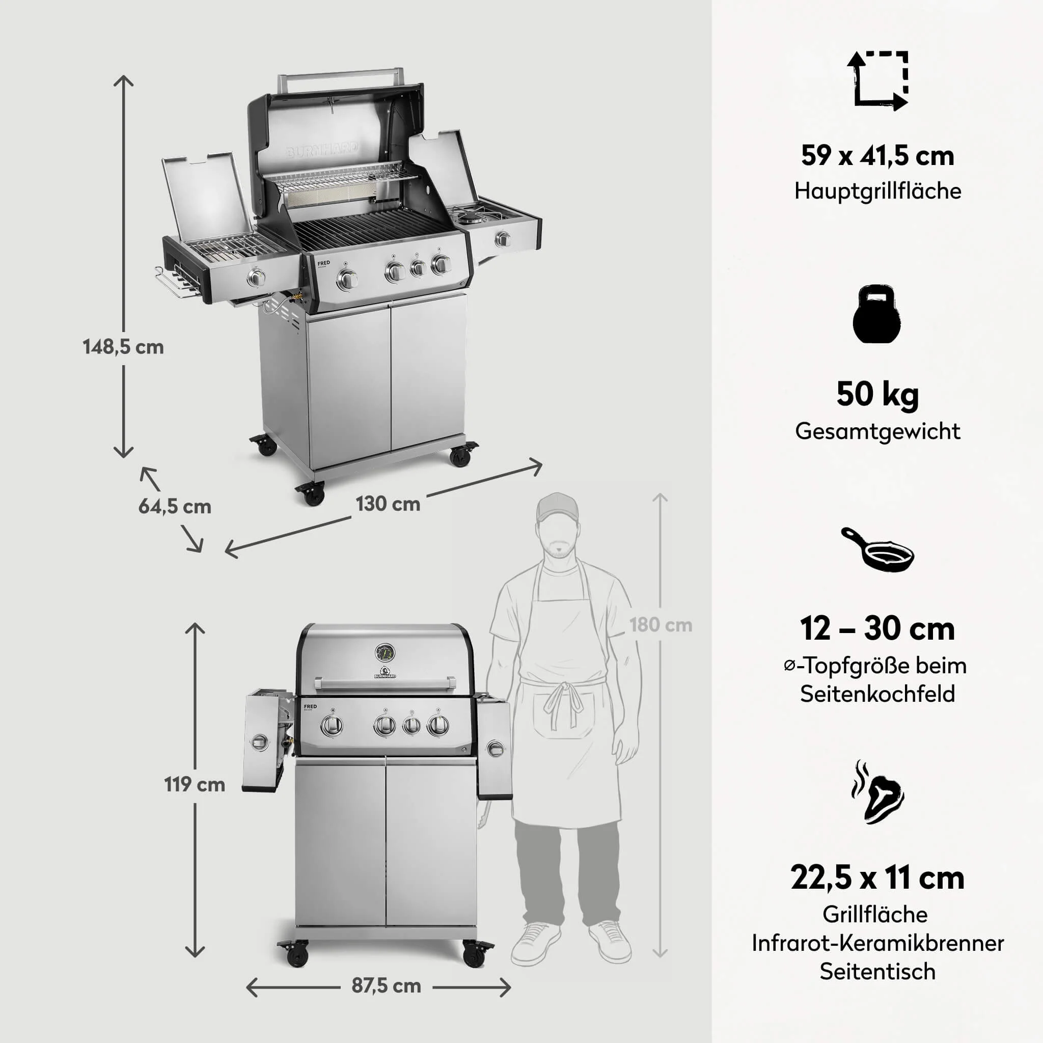 BURNHARD FRED Deluxe Plus Gasgrill 3 Brenner Series 4 Edelstahl Grill Maximale BBQ Power 20,95 kW Premium Ausstattung von BURNHARD
